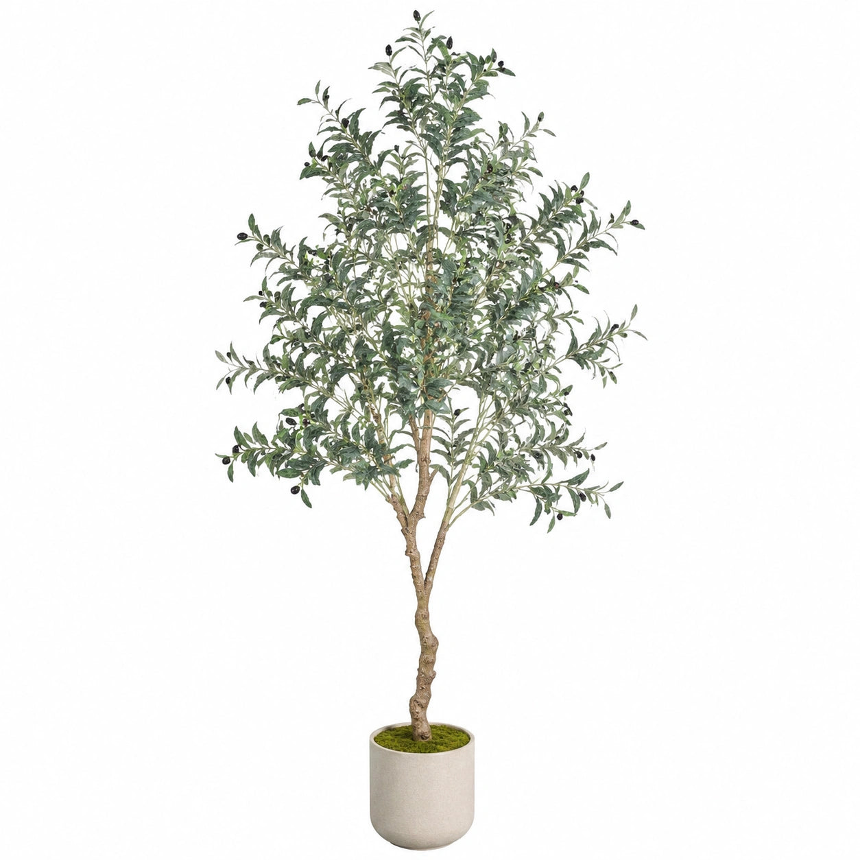 Arbre artificiel olivier 180 cm feuillage vert en plastique avec pot rond décoratif