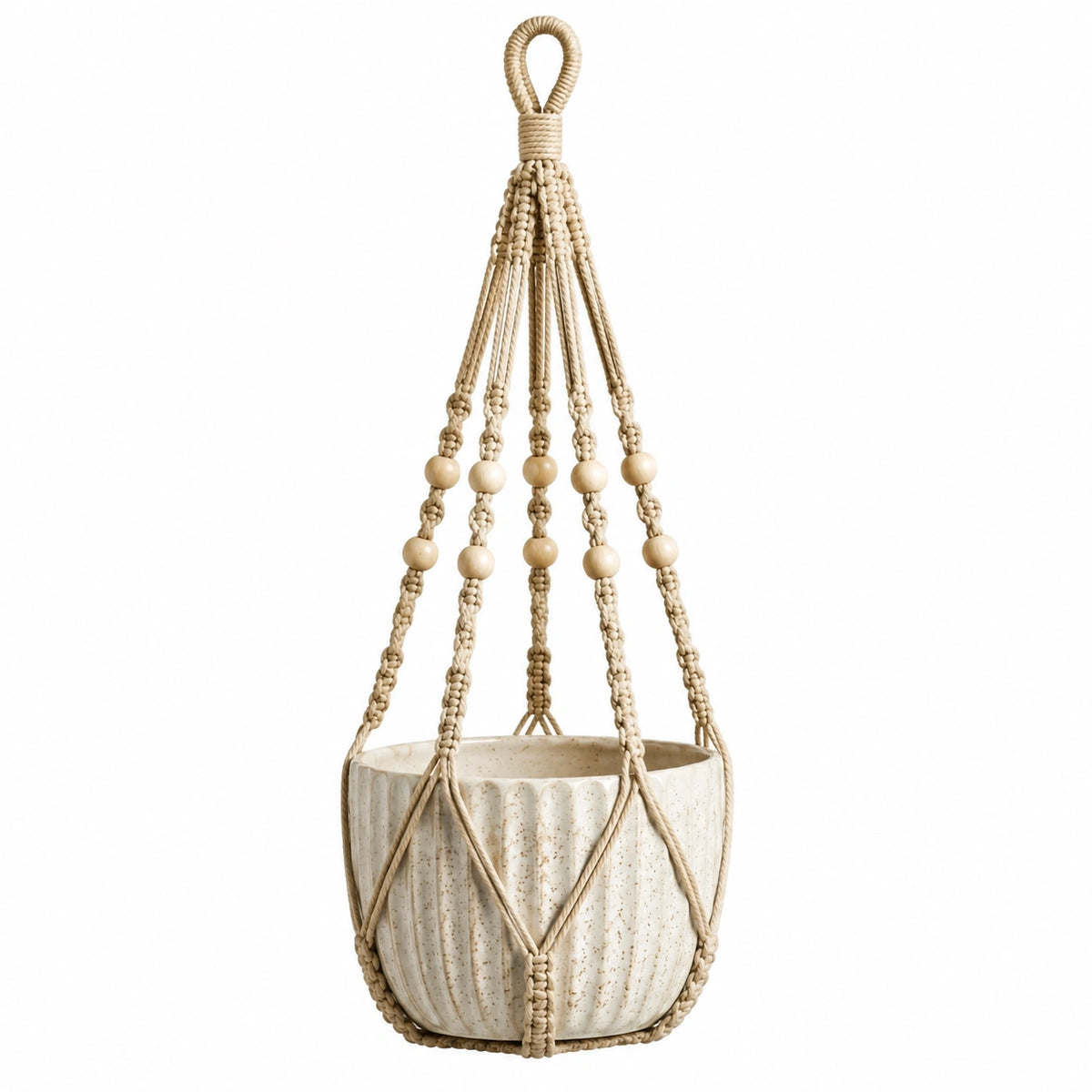 Pot de fleurs suspendu 16 cm en céramique écrue avec corde tressée décorative