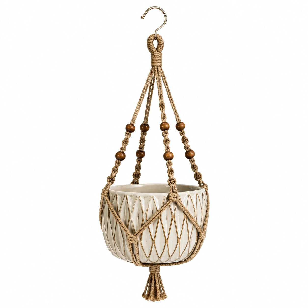 Pot de fleurs suspendu diamètre 20 cm hauteur 80 cm en céramique blanc et corde tressée style bohème