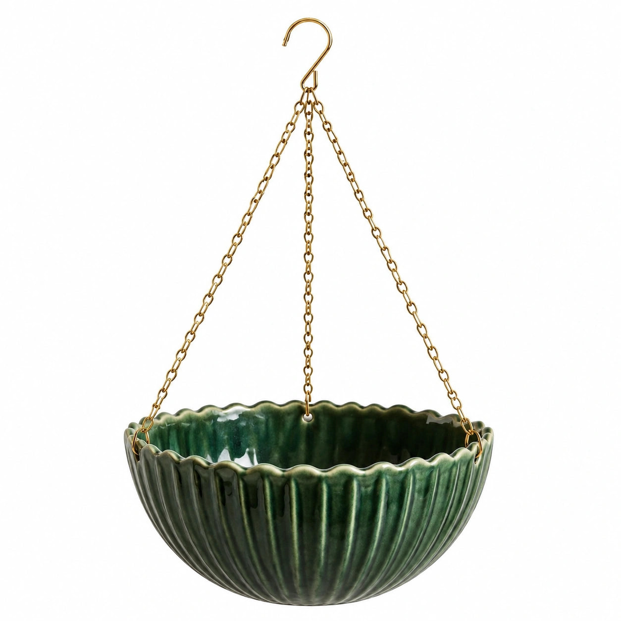 Pot de fleurs suspendu diamètre 20 cm en céramique verte avec chaînes métalliques pour intérieur
