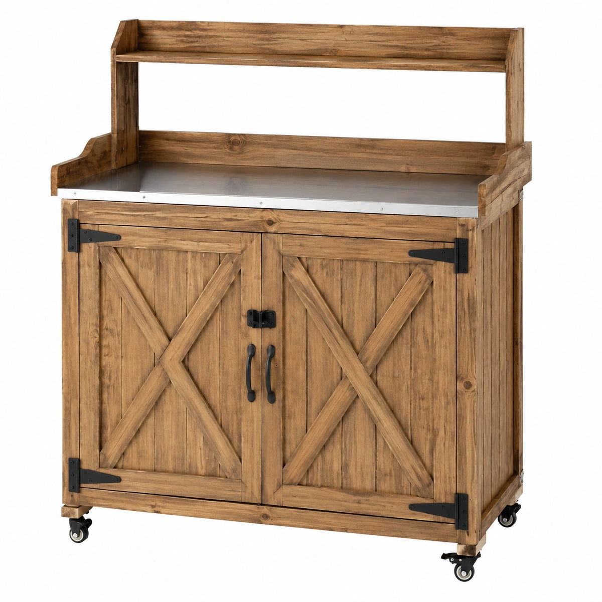 Table de jardinage 110 x 55 x 160 cm en bois marron avec rangement à roulettes style rustique