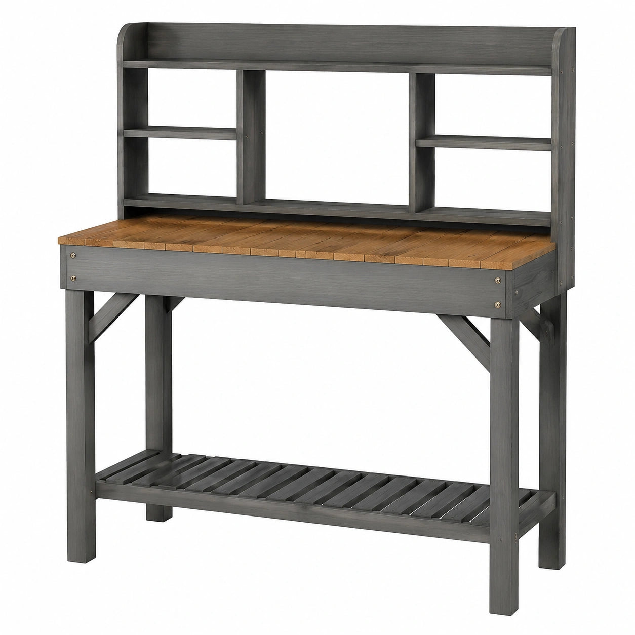 Table de jardinage 112 x 55 x 160 cm en bois gris et brun avec étagères de rangement