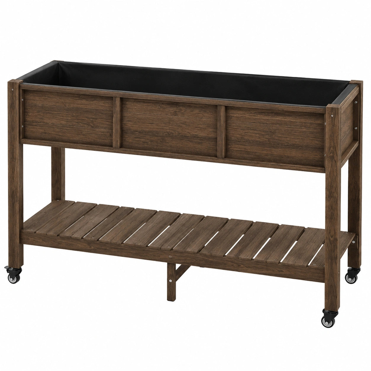 Bac potager surélevé 112 x 51 x 92 cm en bois brun à roulettes avec étagère de rangement
