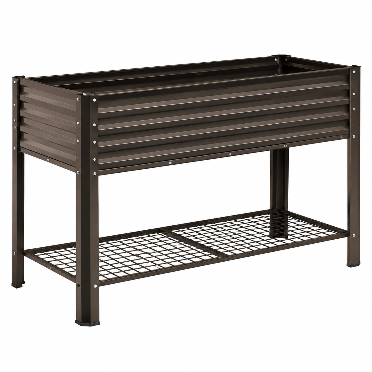 Jardinière surélevée 120 x 60 x 80 cm en acier marron avec étagère de rangement