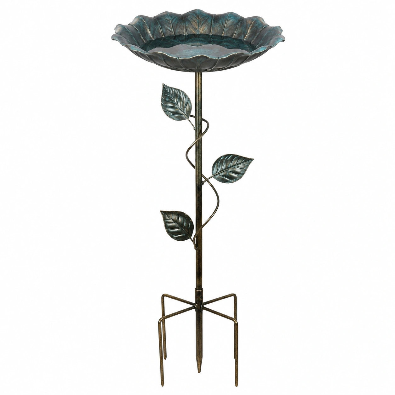 Bain d'oiseaux sur pied Ø 35 cm métal vert bronze style feuille pour jardin