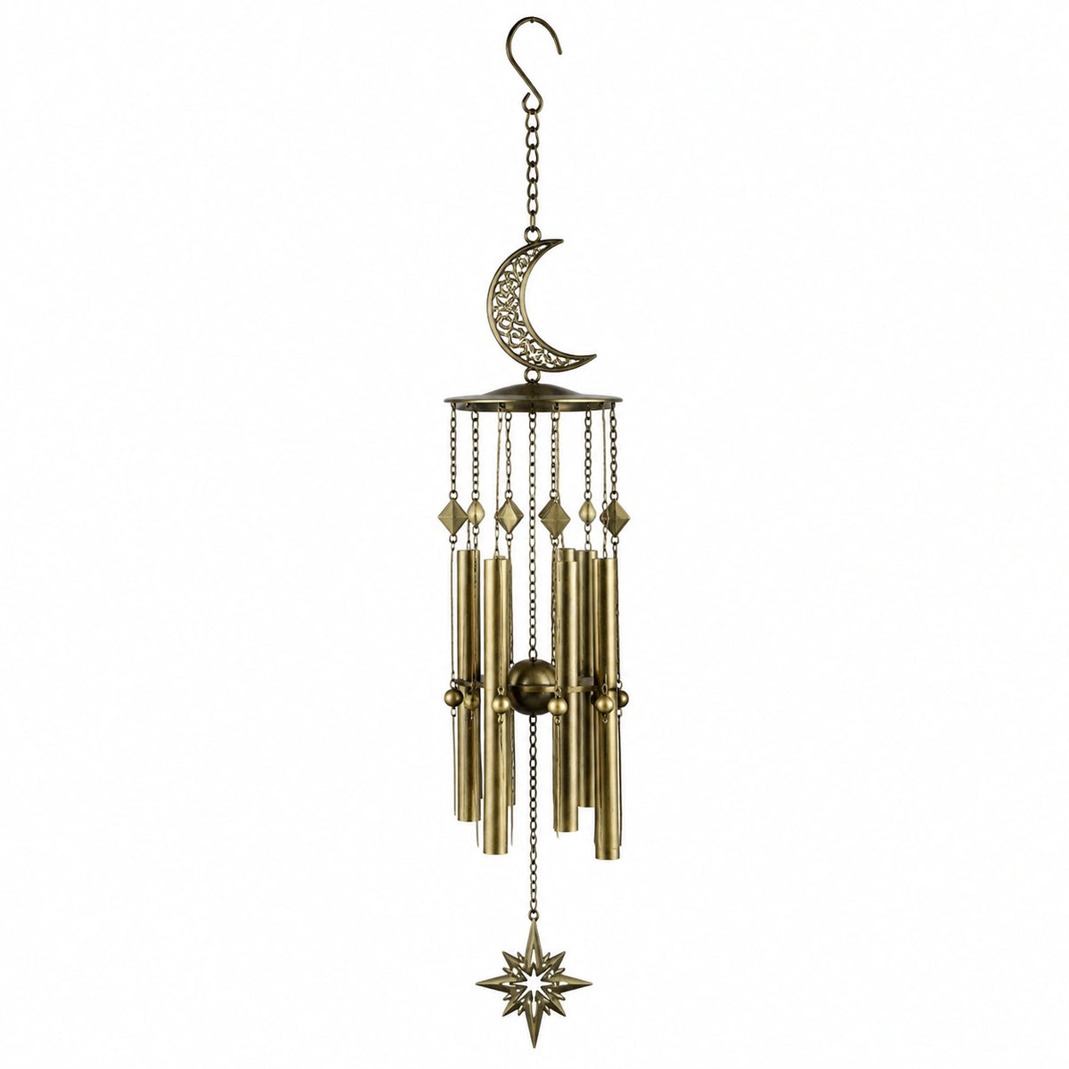 Carillon éolien 80 cm en métal bronze avec lune et étoile décoratif suspendu