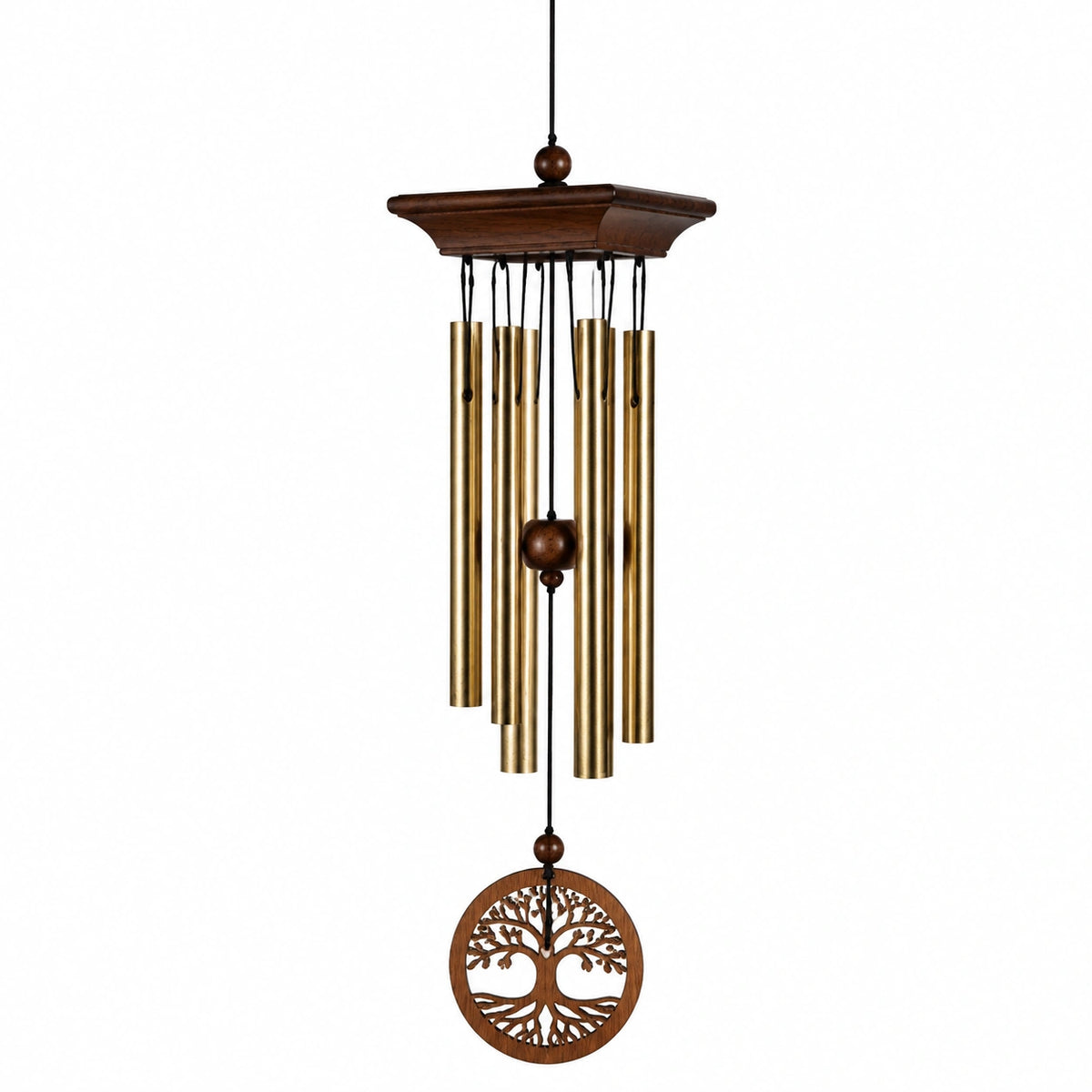 Carillon à vent 95 cm en bois et métal doré brun style naturel suspendu