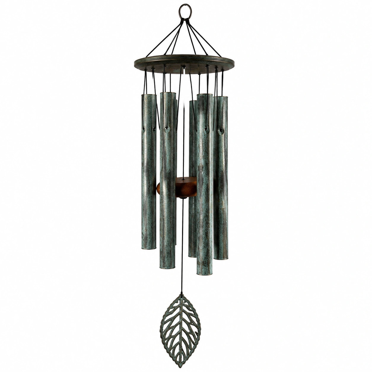 Carillon éolien 95 cm en métal vert patiné avec battant en bois style nature pour jardin