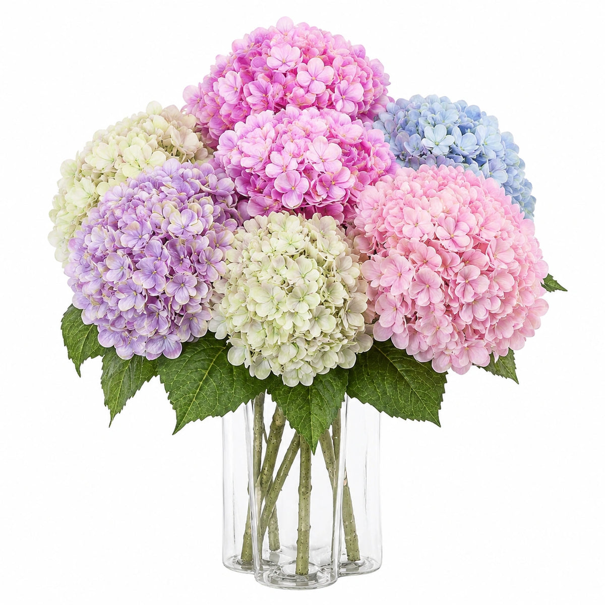 Bouquet d'hortensias artificiels 55 cm en tissu rose violet bleu et vert pour décoration intérieure