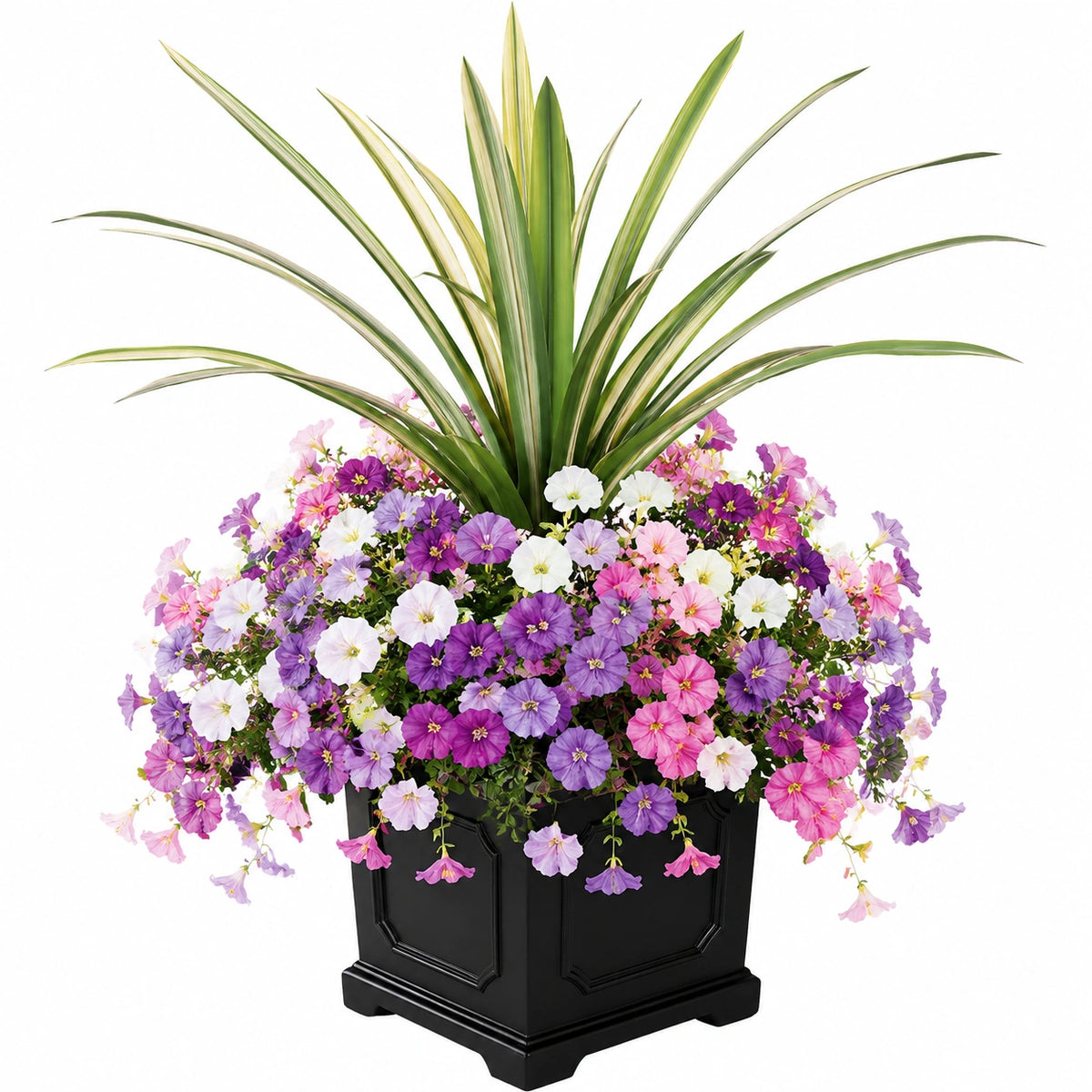 Plante artificielle en pot 75 cm feuillage vert et fleurs roses violettes pour décoration intérieure