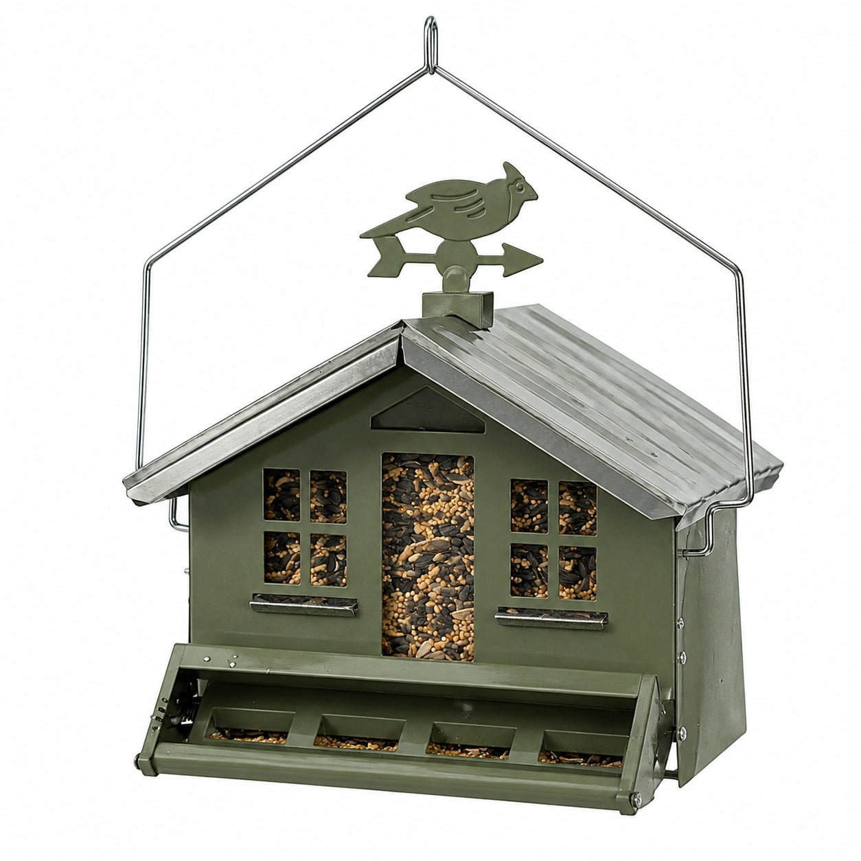 Mangeoire à oiseaux suspendue 28 x 20 x 30 cm en métal vert style maison