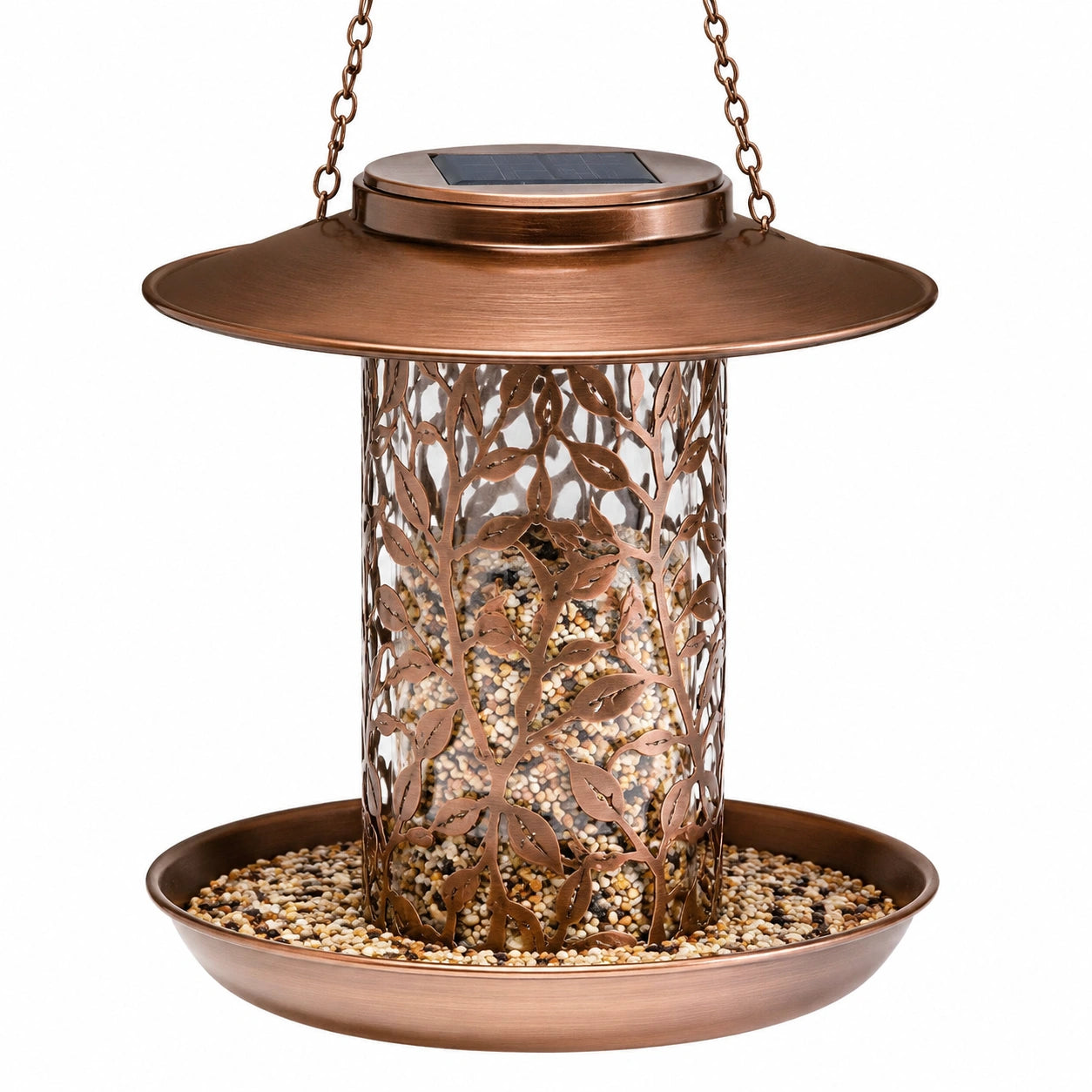 Mangeoire à oiseaux suspendue 30 x 36 cm en métal cuivré solaire décorative jardin